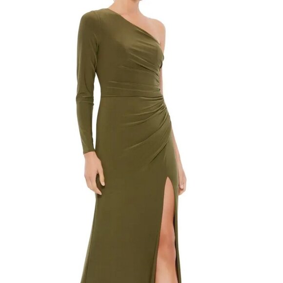Mac Duggal Olive Green One-Shoulder Long Sleeve Trumpet Gown